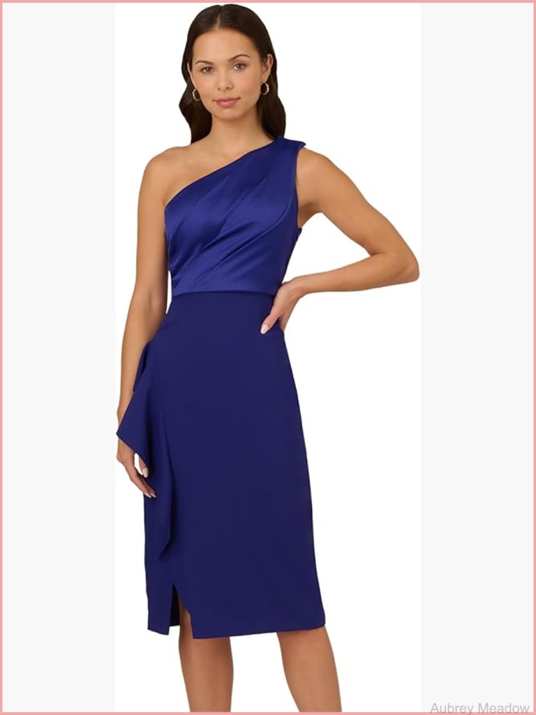 One Shoulder Midi Dress - Satin Pleated Cocktail Dress